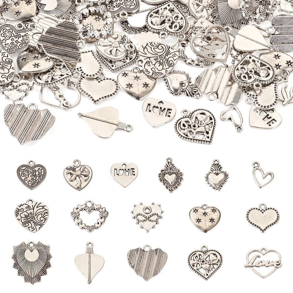7692 96Pcs Tibetan Alloy Heart Charms Antique Silver Heart Pendants Heart